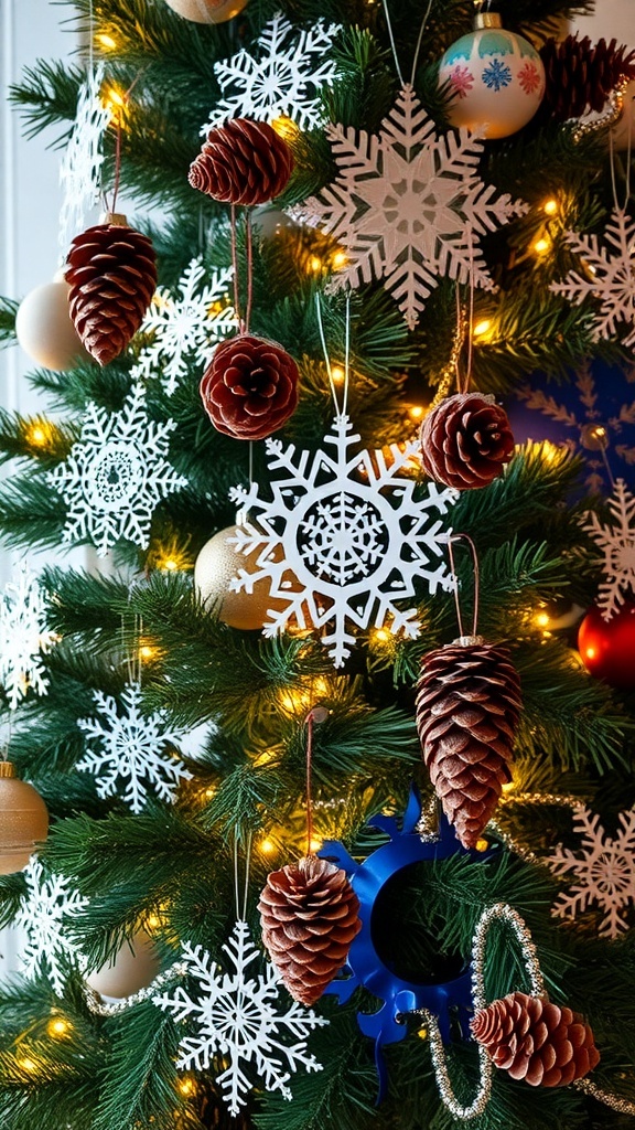 DIY Christmas Tree Decorations A Christmas tree with DIY paper snowflakes and painted pinecones as decorations.